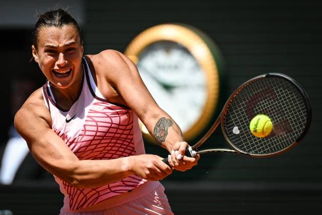 June 2, 2023, Paris, France, France: ARYNA SABALENKA of Belarus in action against K. Rakhimova of Russia during the sixth day of Roland-Garros 2023, French Open 2023, Grand Slam tennis tournament at the Roland-Garros Stadium in Paris, France. Sabalenka won 6:2, 6:2. Paris France - ZUMAm308 20230602_zsp_m308_001 Copyright: xMatthieuxMirvillex