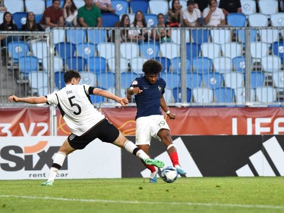 June 2, 2023, Felcsut, Fejer County, Hungary: Mathis Lambourde of France attempts to score blocked by Maxim Dal of Germany on the European Under 17 Championship Final between Germany and France Felcsut Hungary - ZUMAs291 20230602_zip_s291_011 Copyright: xBalintxSzentgallayx
