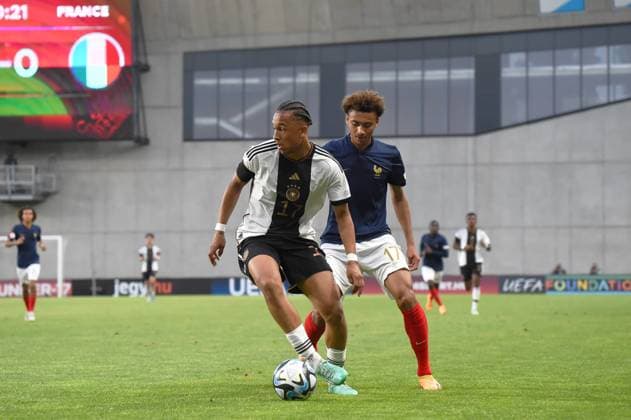 June 2, 2023, Felcsut, Fejer County, Hungary: Eric Moreira of Germany and Tidiam Gomis of France tackle on the European Under 17 Championship Final between Germany and France Felcsut Hungary - ZUMAs291 20230602_zip_s291_014 Copyright: xBalintxSzentgallayx
