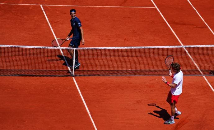 Mandatory Credit: Photo by Javier Garcia Shutterstock (13944030t) Lorenzo Sonego laughs after Andrey Rublev hit the ball towards him during a rally at the net French Open Tennis, Day 7, Roland Garros, Paris, France - 03 June 2023 French Open Tennis, Day 7, Roland Garros, Paris, France - 03 June 2023  Copyright: xJavierxGarcia Shutterstockx 13944030t