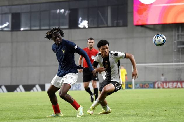 June 2, 2023, Felcsut, Fejer County, Hungary: Paris Brunner of Germany and Bastien Meupiyou of France tackle on the European Under 17 Championship Final between Germany and France Felcsut Hungary - ZUMAs291 20230602_zip_s291_018 Copyright: xBalintxSzentgallayx