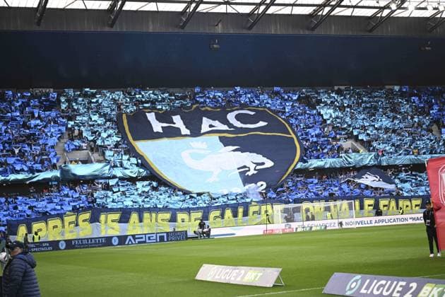 Supporters du Havre - Ambiance - tifo geant FOOTBALL : Le Havre vs Dijon - 38e journee Ligue2 BKT - 02 06 2023 JBAutissier Panoramic 