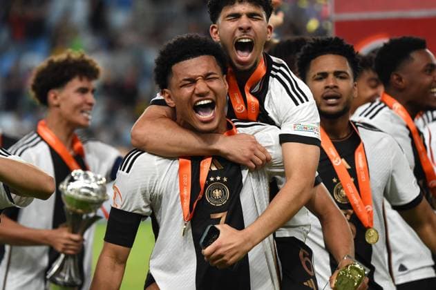 June 2, 2023, Felcsut, Fejer County, Hungary: The team of Germany celebrates after winning the European Under 17 Championship Final between Germany and France. Germany wins on penalties after 0:0. Felcsut Hungary - ZUMAs291 20230602_zip_s291_036 Copyright: xBalintxSzentgallayx