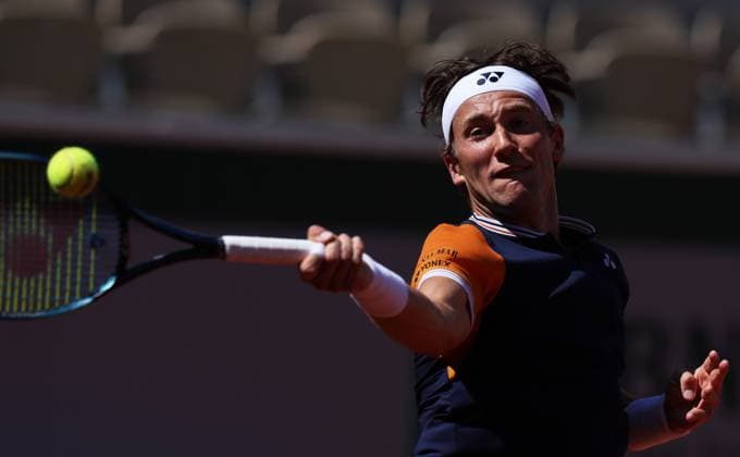 (230603) -- PARIS, June 3, 2023 -- Casper Ruud of Norway hits a return during the men s singles third round match against Zhang Zhizhen of China at the French Open tennis tournament at Roland Garros in Paris, France, June 3, 2023. ) (SP)FRANCE-PARIS-TENNIS-ROLAND GARROS-FRENCH OPEN GaoxJing 