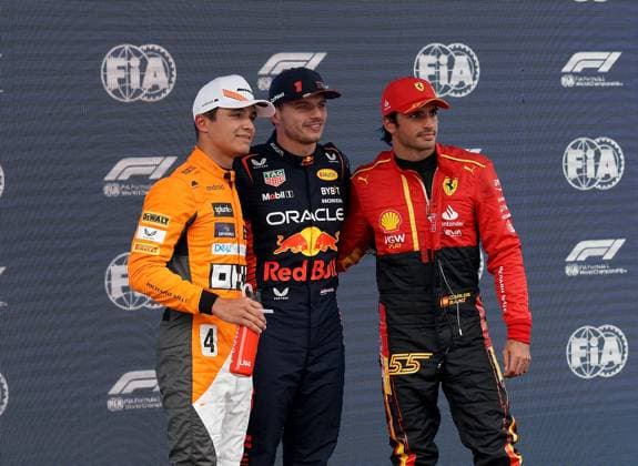 03.06.2023, Circuit de Catalunya, Barcelona, Formel 1 AWS Grand Prix von Spanien 2023 , im Bild Poleposition für Max Verstappen (NLD), Oracle Red Bull Racing, 2,Startplatz für Carlos Sainz Jr. (ESP), Scuderia Ferrari, 3.Startplatz für Lando Norris (GBR), McLaren F1 Team Barcelona Circuit de Catalunya Catalunya Spain