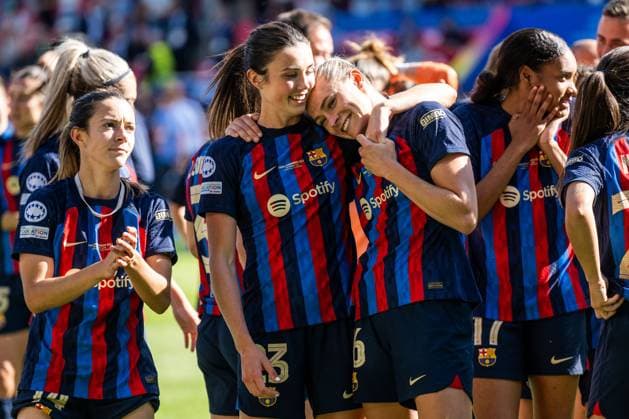 230603 Ingrid Syrstad Engen and Fridolina Rolfö of Barcelona celebrate after winning the UEFA Women s Champions League final match between Barcelona and Wolfsburg on June 3, 2023 in Eindhoven. Photo: Ludvig Thunman BILDBYRAN kod LT LT0533 fotboll football soccer fotball champions league final barcelona wolfsburg dam bbeng jubel Copyright: LUDVIGxTHUNMAN BB230603LT123