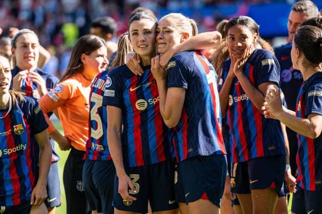 230603 Ingrid Syrstad Engen and Fridolina Rolfö of Barcelona celebrate after winning the UEFA Women s Champions League final match between Barcelona and Wolfsburg on June 3, 2023 in Eindhoven. Photo: Ludvig Thunman BILDBYRAN kod LT LT0533 fotboll football soccer fotball champions league final barcelona wolfsburg dam bbeng jubel Copyright: LUDVIGxTHUNMAN BB230603LT124