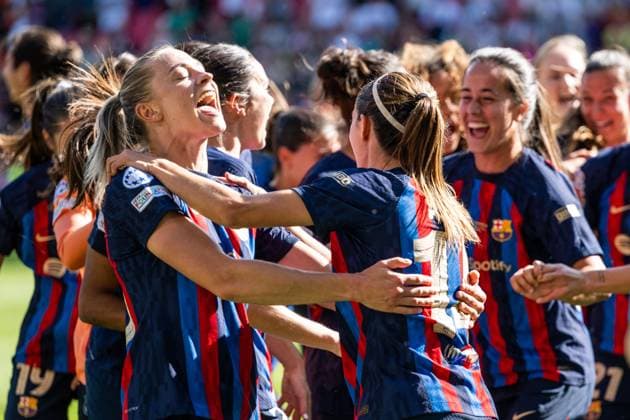230603 Fridolina Rolfö and Aitana Bonmati of Barcelona celebrate after winning the UEFA Women s Champions League final match between Barcelona and Wolfsburg on June 3, 2023 in Eindhoven. Photo: Ludvig Thunman BILDBYRAN kod LT LT0533 fotboll football soccer fotball champions league final barcelona wolfsburg dam bbeng jubel Copyright: LUDVIGxTHUNMAN BB230603LT125
