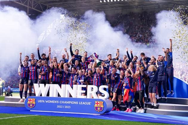 Eindhoven, Netherlands, 3rd June 2023: FC Barcelona, Barca celebrates their victory of the Final during the trophy ceremony during the UEFA Womens Champions League Final football match between FC Barcelona and VFL Wolfsburg at PSV Stadion in Eindhoven, Netherlands. (Daniela Porcelli SPP) Copyright: xDanielaxPorcellix xSPPx spp-en-DaPoSp-20230603-DP109359