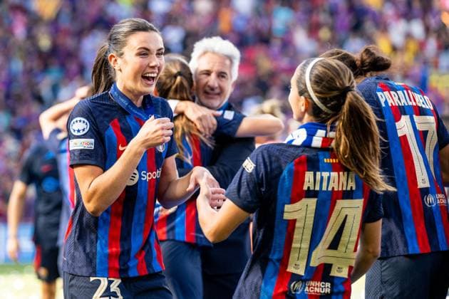 230603 Ingrid Syrstad Engen and Aitana Bonmati of Barcelona celebrate after winning the UEFA Women s Champions League final match between Barcelona and Wolfsburg on June 3, 2023 in Eindhoven. Photo: Ludvig Thunman BILDBYRAN kod LT LT0533 fotboll football soccer fotball champions league final barcelona wolfsburg dam bbeng jubel Copyright: LUDVIGxTHUNMAN BB230603LT138