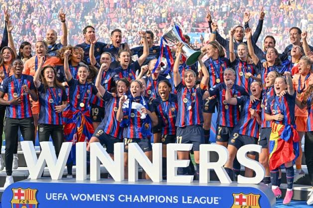 NETHERLANDS SOCCER UWCL FINAL BARCELONA VS WOLFSBURG players of Barcelona pictured celebrating after winning a female soccer game between FC Barcelona, Barca Femeni and VFL Wolfsburg, at the final of the 2022-2023 Uefa Women™s Champions League competition , on Saturday 3 June 2023 in Eindhoven , The Netherlands . PHOTO SPORTPIX David Catry Eindhoven PSV - Phillips Stadion Noord-Brabant The Netherlands  Copyright: xSportpix.bex xDavidxCatryxDavidxCatryx