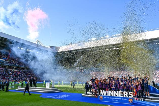 NETHERLANDS SOCCER UWCL FINAL BARCELONA VS WOLFSBURG players of Barcelona pictured celebrating after winning a female soccer game between FC Barcelona, Barca Femeni and VFL Wolfsburg, at the final of the 2022-2023 Uefa Women™s Champions League competition , on Saturday 3 June 2023 in Eindhoven , The Netherlands . PHOTO SPORTPIX David Catry Eindhoven PSV - Phillips Stadion Noord-Brabant The Netherlands  Copyright: xSportpix.bex xDavidxCatryxDavidxCatryx