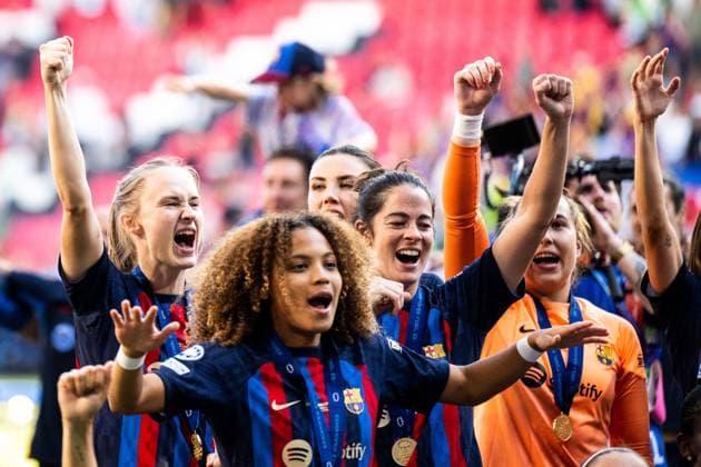 230603 Caroline Graham Hansen of Barcelona celebrates after the UEFA Women s Champions League final match between Barcelona and Wolfsburg on June 3, 2023 in Eindhoven. Photo: Ludvig Thunman BILDBYRAN kod LT LT0533 fotboll football soccer fotball champions league final barcelona wolfsburg dam bbeng jubel Copyright: LUDVIGxTHUNMAN BB230603LT151