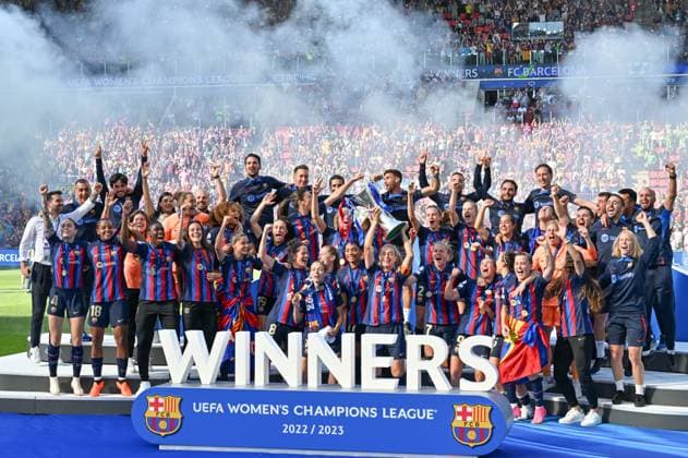NETHERLANDS SOCCER UWCL FINAL BARCELONA VS WOLFSBURG players of Barcelona pictured celebrating after winning a female soccer game between FC Barcelona, Barca Femeni and VFL Wolfsburg, at the final of the 2022-2023 Uefa Women™s Champions League competition , on Saturday 3 June 2023 in Eindhoven , The Netherlands . PHOTO SPORTPIX David Catry Eindhoven PSV - Phillips Stadion Noord-Brabant The Netherlands  Copyright: xSportpix.bex xDavidxCatryxDavidxCatryx