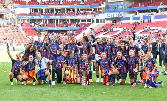 NETHERLANDS SOCCER UWCL FINAL BARCELONA VS WOLFSBURG players of Barcelona pictured celebrating after winning a female soccer game between FC Barcelona, Barca Femeni and VFL Wolfsburg, at the final of the 2022-2023 Uefa Women™s Champions League competition , on Saturday 3 June 2023 in Eindhoven , The Netherlands . PHOTO SPORTPIX David Catry Eindhoven PSV - Phillips Stadion Noord-Brabant The Netherlands  Copyright: xSportpix.bex xDavidxCatryxDavidxCatryx