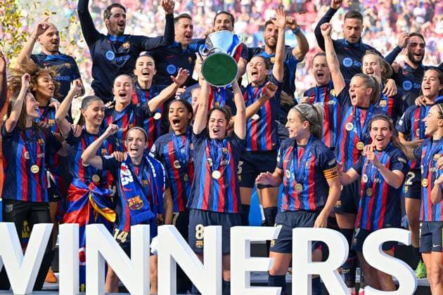 NETHERLANDS SOCCER UWCL FINAL BARCELONA VS WOLFSBURG players of Barcelona pictured celebrating after winning a female soccer game between FC Barcelona, Barca Femeni and VFL Wolfsburg, at the final of the 2022-2023 Uefa Women™s Champions League competition , on Saturday 3 June 2023 in Eindhoven , The Netherlands . PHOTO SPORTPIX David Catry Eindhoven PSV - Phillips Stadion Noord-Brabant The Netherlands  Copyright: xSportpix.bex xDavidxCatryxDavidxCatryx