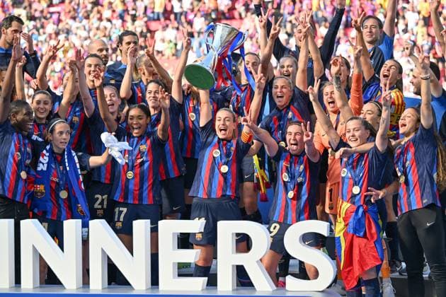 NETHERLANDS SOCCER UWCL FINAL BARCELONA VS WOLFSBURG players of Barcelona pictured celebrating after winning a female soccer game between FC Barcelona, Barca Femeni and VFL Wolfsburg, at the final of the 2022-2023 Uefa Women™s Champions League competition , on Saturday 3 June 2023 in Eindhoven , The Netherlands . PHOTO SPORTPIX David Catry Eindhoven PSV - Phillips Stadion Noord-Brabant The Netherlands  Copyright: xSportpix.bex xDavidxCatryxDavidxCatryx
