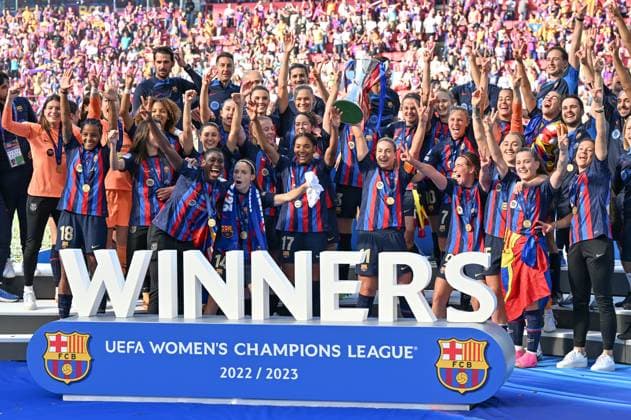 NETHERLANDS SOCCER UWCL FINAL BARCELONA VS WOLFSBURG players of Barcelona pictured celebrating after winning a female soccer game between FC Barcelona, Barca Femeni and VFL Wolfsburg, at the final of the 2022-2023 Uefa Women™s Champions League competition , on Saturday 3 June 2023 in Eindhoven , The Netherlands . PHOTO SPORTPIX David Catry Eindhoven PSV - Phillips Stadion Noord-Brabant The Netherlands  Copyright: xSportpix.bex xDavidxCatryxDavidxCatryx