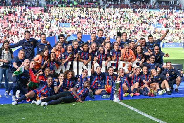 NETHERLANDS SOCCER UWCL FINAL BARCELONA VS WOLFSBURG players of Barcelona pictured celebrating after winning a female soccer game between FC Barcelona, Barca Femeni and VFL Wolfsburg, at the final of the 2022-2023 Uefa Women™s Champions League competition , on Saturday 3 June 2023 in Eindhoven , The Netherlands . PHOTO SPORTPIX David Catry Eindhoven PSV - Phillips Stadion Noord-Brabant The Netherlands  Copyright: xSportpix.bex xDavidxCatryxDavidxCatryx