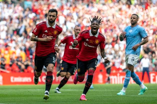 Bruno Fernandes and Fred of Manchester United, ManU celebrates after scoring a penalty during the FA Cup Final football match between Manchester City and Manchester United at Wembley Stadium in London, England (Richard Callis SPP)  Copyright: xRichardxCallis SPPx spp-en-RiCa-RMFC030623--7