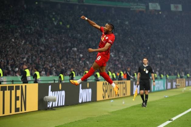 03.06.2023, xtgx, Fussball DFB Pokal Finale 2023, Eintracht Frankfurt - RB Leipzig emspor, v.l. Christopher Nkunku (Leipzig, 18) Jubel, Torjubel, jubelt ueber das Tor, celebrate the goal, celebration (DFL DFB REGULATIONS PROHIBIT ANY USE OF PHOTOGRAPHS as IMAGE SEQUENCES and or QUASI-VIDEO) Berlin