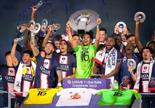 PSG players lift the Ligue 1 winning trophy 2022 23 during post match celebrations after the Ligue 1 match between Paris Saint Germain and Clermont Foot at Parc des Princes, Paris, France on 3 June 2023. Copyright: xAndyxRowlandx PMI-5577-0005