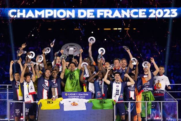 Paris, France, June 3, 2023 - Paris Saint Germain players celebrate their French L1 championship during the 2022 2023 Ligue1 trophy ceremony following the L1 football match between Paris Saint Germain (PSG) and Clermont Foot 63 at the Parc des Princes Stadium.  Copyright: xAlexisxSciardx