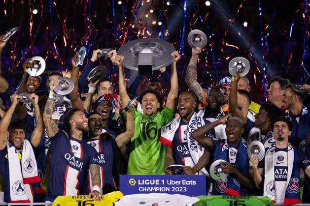 Paris, France, June 3, 2023 - Paris Saint Germain players celebrate their French L1 championship during the 2022 2023 Ligue1 trophy ceremony following the L1 football match between Paris Saint Germain (PSG) and Clermont Foot 63 at the Parc des Princes Stadium.  Copyright: xAlexisxSciardx