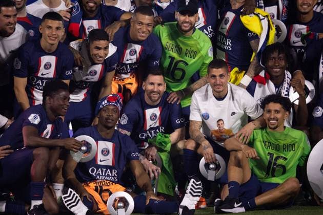 Paris, France, June 3, 2023 - Paris Saint Germain players (Lionel Messi, Kylian Mbappe, Neymar, Achraf Hakimi, Marco Verrattin Marquinhos) celebrate their French L1 championship during the 2022 2023 Ligue1 trophy ceremony following the L1 football match between Paris Saint Germain (PSG) and Clermont Foot 63 at the Parc des Princes Stadium.  Copyright: xAlexisxSciardx