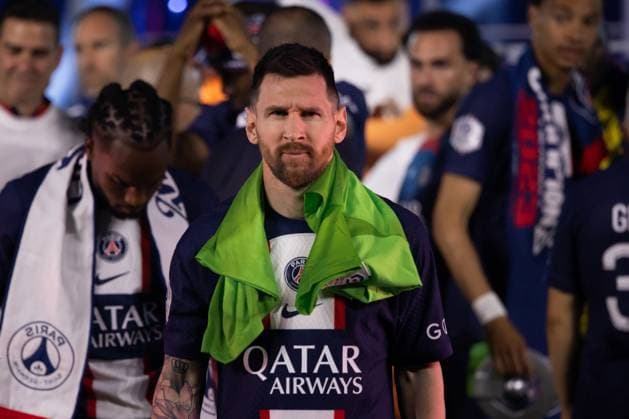 Paris, France, June 3, 2023 - Paris Saint Germain s Argentine forward Lionel Messi walks off the winners stand during the 2022 2023 Ligue 1 championship trophy ceremony following the L1 football match between Paris Saint Germain (PSG) and Clermont Foot 63 at the Parc des Princes Stadium.  Copyright: xAlexisxSciardx