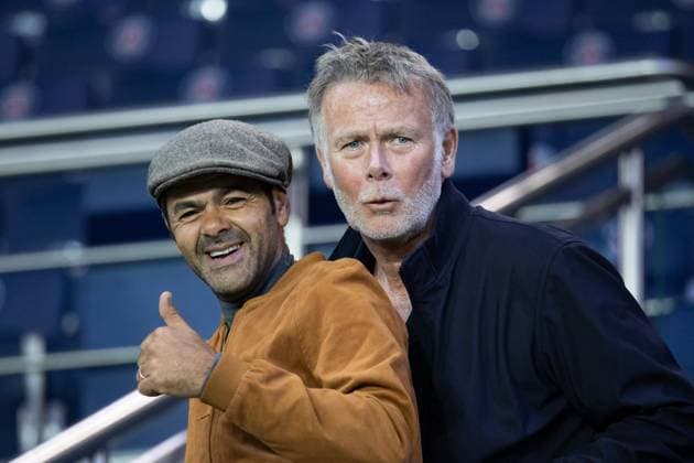 Paris, France, June 3, 2023 - French comedians and actors Jamel Debbouze and Franck Dubosc pose after watching the French L1 football match between Paris Saint Germain (PSG) and Clermont Foot 63 at the Parc des Princes Stadium.  Copyright: xAlexisxSciardx