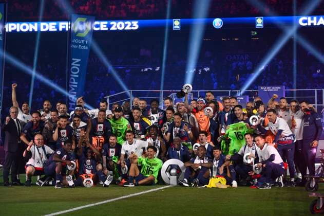 The PSG podium celebrating their 11th national title after the PSG Clermont match at the Parc des Princes in Paris on 3 June 2023.  JulienxMattiax xLexPictorium LePictorium_0281736