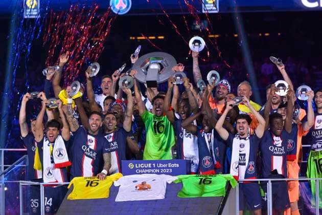 The PSG podium celebrating their 11th national title after the PSG Clermont match at the Parc des Princes in Paris on 3 June 2023.  JulienxMattiax xLexPictorium LePictorium_0281738