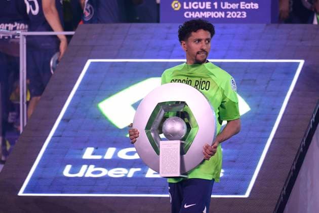 The PSG podium celebrating their 11th national title after the PSG Clermont match at the Parc des Princes in Paris on 3 June 2023.  JulienxMattiax xLexPictorium LePictorium_0281740