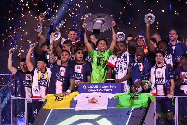 The PSG podium celebrating their 11th national title after the PSG Clermont match at the Parc des Princes in Paris on 3 June 2023.  JulienxMattiax xLexPictorium LePictorium_0281741