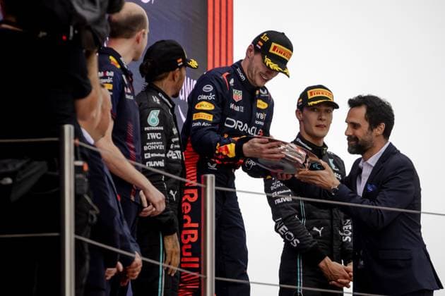BARCELONA - Max Verstappen (Red Bull Racing) on the podium with Lewis Hamilton (Mercedes) and George Russell (Mercedes) at the Spanish Grand Prix. ANP SEM VAN DER WAL F1 Grand Prix of Spain 2023 xVIxANPxSportx xxANPxIVx 470884293 originalFilename: 470884293.jpg