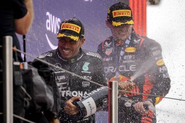 BARCELONA - Max Verstappen (Red Bull Racing) on the podium with Lewis Hamilton (Mercedes) during the Spanish Grand Prix. ANP SEM VAN DER WAL F1 Grand Prix of Spain 2023 xVIxANPxSportx xxANPxIVx 470884310 originalFilename: 470884310.jpg