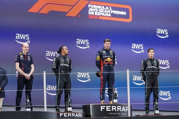 VERSTAPPEN Max (ned), Red Bull Racing RB19, portrait HAMILTON Lewis (gbr), Mercedes AMG F1 Team W14, portrait RUSSELL George (gbr), Mercedes AMG F1 Team W14, portrait podium during the Formula 1 AWS Gran Premio de Espana 2023, 7th round of the 2023 Formula One World Championship, WM, Weltmeisterschaft from June 2 to 4, 2023 on the Circuit de Barcelona-Catalunya, in Montmelo, Spain - F1 - SPANISH GRAND PRIX 2023 - RACE DPPI Panoramic 03323010__R3_1745