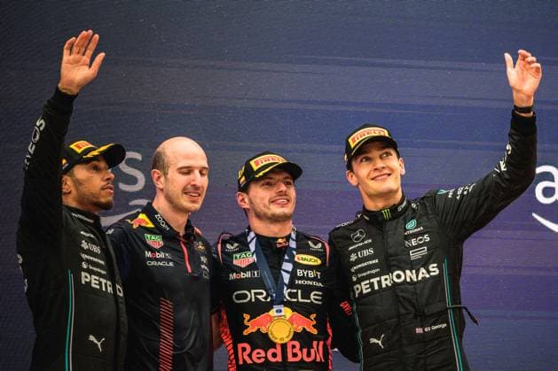 June 4, 2023, Montmelo, Catalonia, Spain: LEWIS HAMILTON (GBR) from team Mercedes, second, MAX VERSTAPPEN (NED) from team Red Bull, first, and GEORGE RUSSEL (GBR) from team Mercedes, third, celebrate their resuts in the Spanish GP on the podium at Circuit de Barcelona Catalunya Montmelo Spain - ZUMAo105 20230604_zap_o105_016 Copyright: xMatthiasxOesterlex