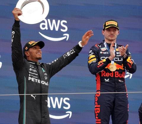 04.06.2023, Circuit de Catalunya, Barcelona, Formel 1 AWS Grand Prix von Spanien 2023 , im Bild Podium: Sieger Max Verstappen (NLD), Oracle Red Bull Racing, 2.Platz für Lewis Hamilton (GBR), Mercedes-AMG Petronas Formula One Team Barcelona Circuit de Catalunya Catalunya Spain