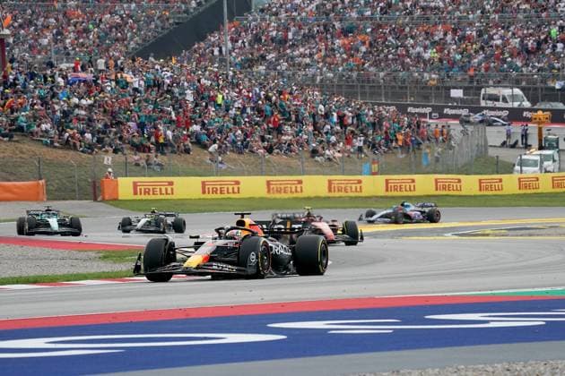 04.06.2023, Circuit de Catalunya, Barcelona, Formel 1 AWS Grand Prix von Spanien 2023 , im Bild Max Verstappen (NLD), Oracle Red Bull Racing, Carlos Sainz Jr. (ESP), Scuderia Ferrari, Lance Stroll (CAN), Aston Martin Aramco Cognizant Formula One Team, Lewis Hamilton (GBR), Mercedes-AMG Petronas Formula One Team Barcelona Circuit de Catalunya Catalunya Spain