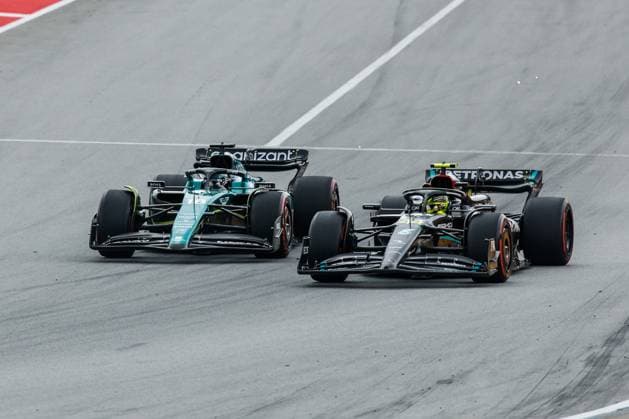 18 Lance Stroll (CAN, Aston Martin Aramco Cognizant F1 Team), 44 Lewis Hamilton (GBR, Mercedes-AMG Petronas F1 Team), F1 Grand Prix of Spain at Circuit de Barcelona-Catalunya on June 4, 2023 in Barcelona, Spain. (Photo by HOCH ZWEI) Barcelona Spain
