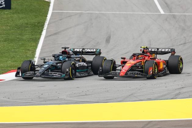 63 George Russell (GBR, Mercedes-AMG Petronas F1 Team), 55 Carlos Sainz (ESP, Scuderia Ferrari), F1 Grand Prix of Spain at Circuit de Barcelona-Catalunya on June 4, 2023 in Barcelona, Spain. (Photo by HOCH ZWEI) Barcelona Spain