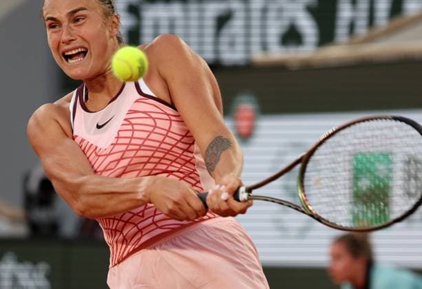 Second-seeded Aryna Sabalenka of Russia plays against Sloane Stephens of the US at the Roland Garros French Tennis Open in Paris, France, on Sunday, June 4, 2023. Sabalenka won 7-6, 6-4 and qualified for the quarter finals.  PAR20230604127 MAYAxVIDON-WHITE