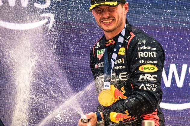 June 4, 2023, Montmelo, Catalonia, Spain: MAX VERSTAPPEN (NED) from team Red Bull sprays champagne ashe celebrates his victory on the podium at Circuit de Barcelona Montmelo Spain - ZUMAo105 20230604_zap_o105_073 Copyright: xMatthiasxOesterlex