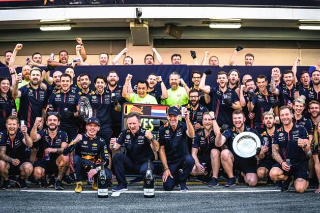 June 4, 2023, Montmelo, Catalonia, Spain: MAX VERSTAPPEN (NED) and the whole team from Red Bull celebrate their victory at Circuit de Barcelona Montmelo Spain - ZUMAo105 20230604_zap_o105_077 Copyright: xMatthiasxOesterlex