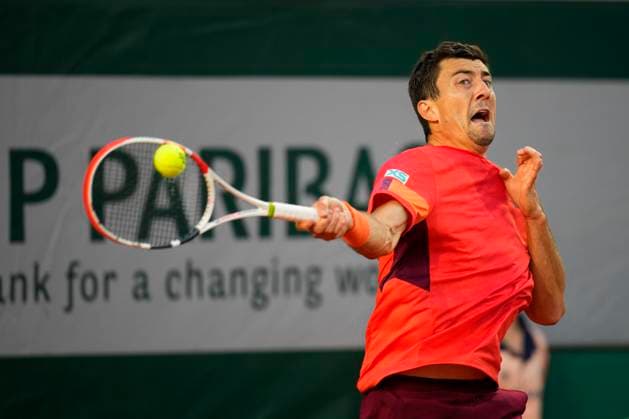 PARIS, FRANCE - JUNE 4: Sebastian Ofner plays a forehand during 4th round of Roland Garros 2023 match between Stefanos Tsitsipas vs Sebastian Ofner at Roland Garros Stadium on June 4, 2023 in Paris, France. (Photo by Glenn Gervot Icon Sportswire) TENNIS: JUN 04 French Open EDITORIAL USE ONLY Icon2306046791