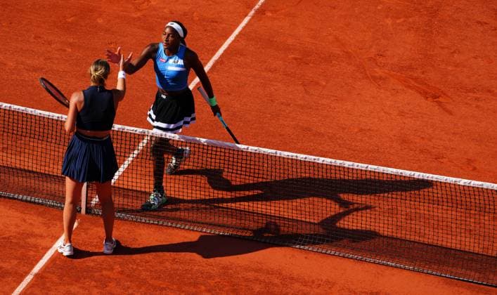 Mandatory Credit: Photo by Javier Garcia Shutterstock (13944044bs) Coco Gauff shakes hands at the net with Anna Karolina Schmiedlova after defeating her in straight sets French Open Tennis, Day 9, Roland Garros, Paris, France - 05 June 2023 French Open Tennis, Day 9, Roland Garros, Paris, France - 05 June 2023  Copyright: xJavierxGarcia Shutterstockx 13944044bs