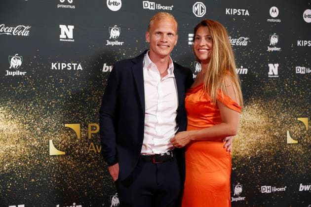 BRUSSELS, BELGIUM - JUNE 05 : Karel Geraerts and his partner pictured during the Pro League Awards 2022 - 2023 ( trophies for players, chosen by the clubs) during a TV show by Eleven Pro League at the Event Lounge on June 05, 2023 in Brussels, Belgium, 05 06 2023 ( Pro League Awards 2022 - 2023 PhotoNews Panoramic 