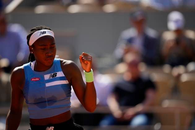 PARIS, FRANCE - JUNE 5: Coco Gauff reacts after winning a point during 4th round of Roland Garros 2023 match between Anna Karolina Schmiedlova vs Coco Gauff at Roland Garros Stadium on June 5, 2023 in Paris, France. (Photo by Glenn Gervot Icon Sportswire) TENNIS: JUN 05 French Open EDITORIAL USE ONLY Icon2306056912